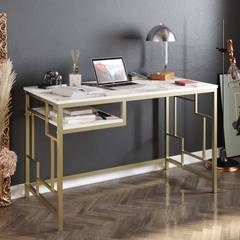 Schreibtisch 1 Regal Officium 120x75cm Holz Weiß Marmoreffekt und Metall Gold