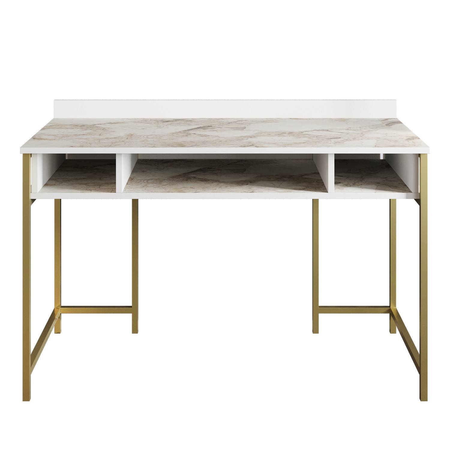 Schreibtisch 3 Regale Plinio 119,5x65,2cm Holz Weiß Marmoreffekt und Metall Gold