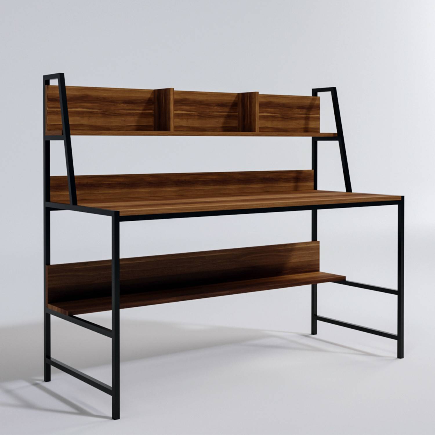 Schreibtisch mit 4 integrierten Regalen Paul B140xH122cm Dunkles Holz und Metall Schwarz