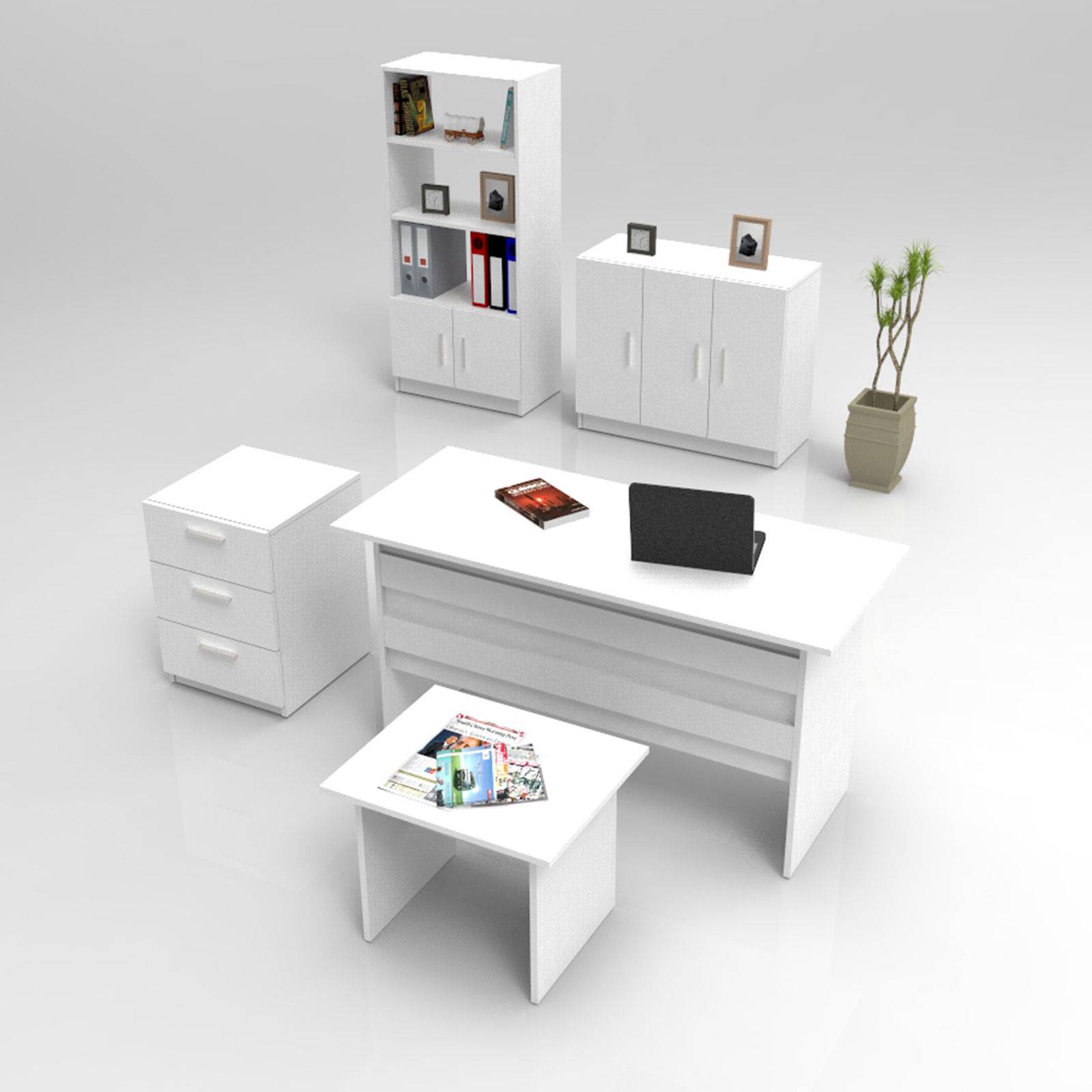 Busymo Wit bureau, kast, boekenkast, ladekast en salontafel