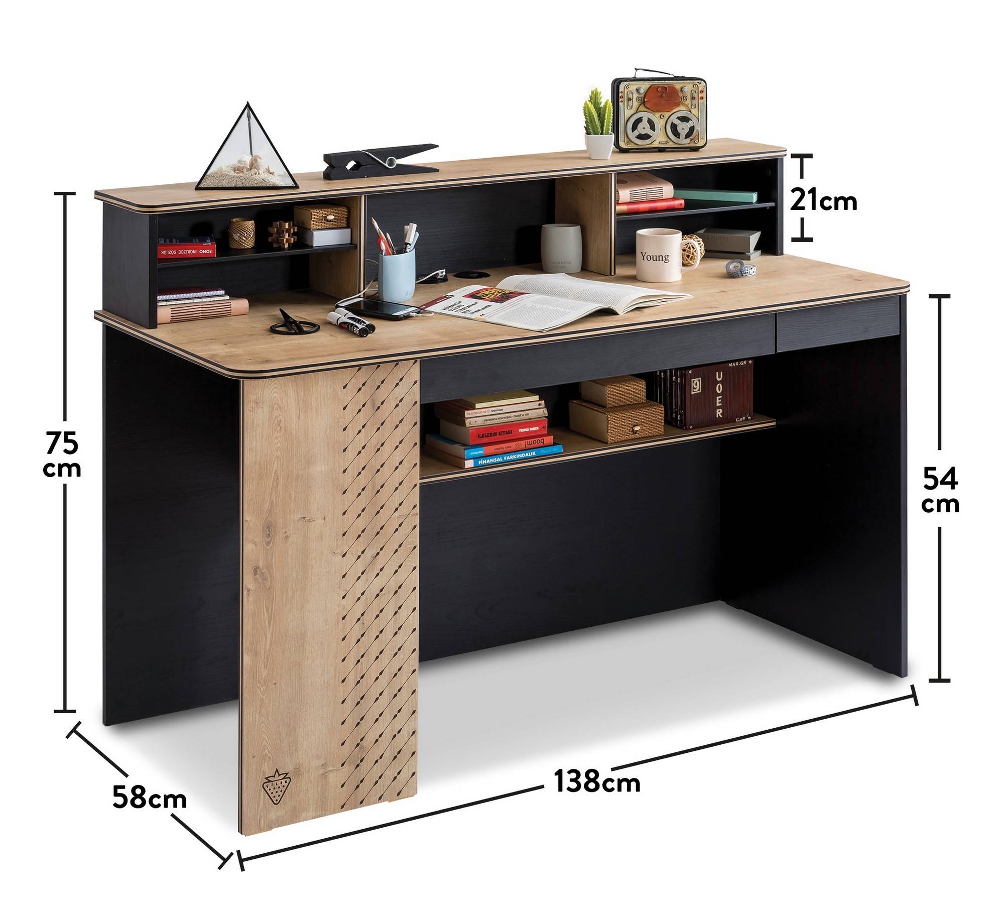Bureau avec étagère, coffre, port USB et LEDs blanc et chêne 100 cm - Darin