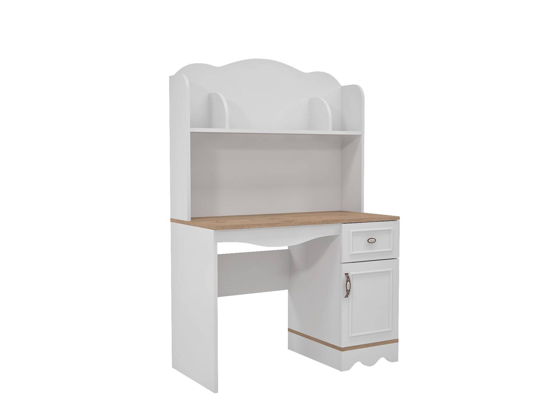 Schreibtisch mit Regal, Tür und Schublade Endersa B104xH156cm Weiß und Helle Eiche