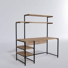 Giday escritorio de estilo industrial con estantes L140cm Metal negro y madera de roble claro