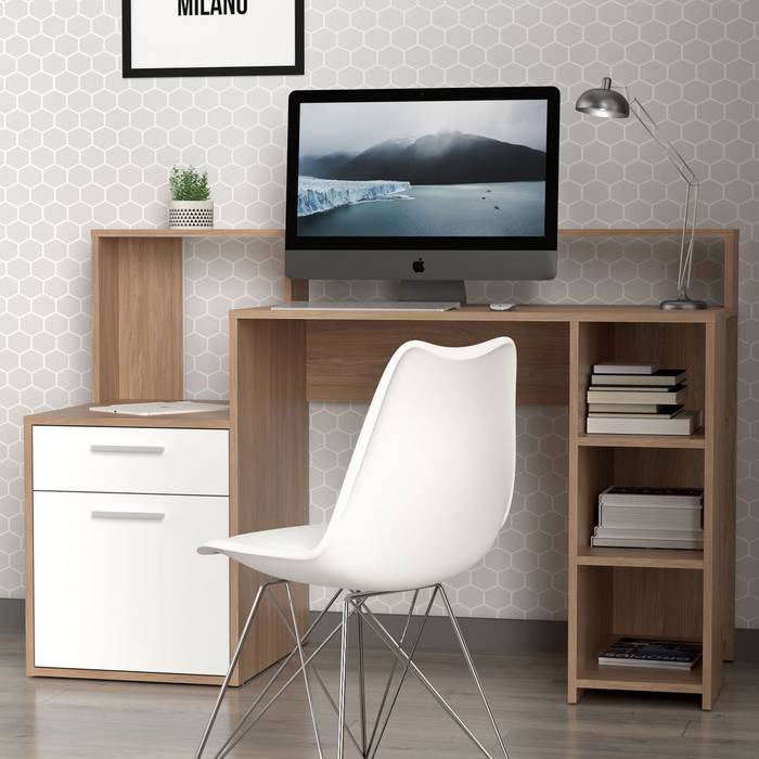 Bureau avec étagères, porte et tiroir L138,5cm Pacolo Bois clair et Blanc