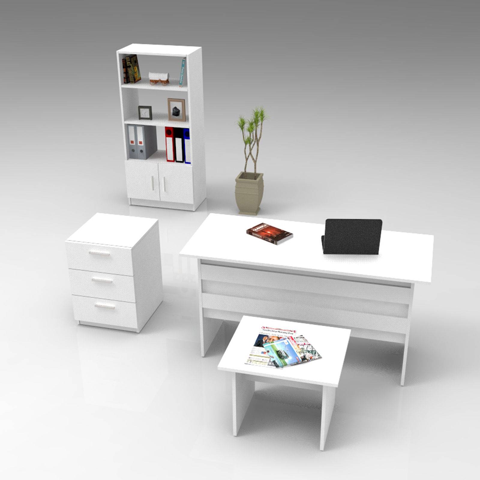 Busymo Wit bureau, boekenkast, commode en salontafel