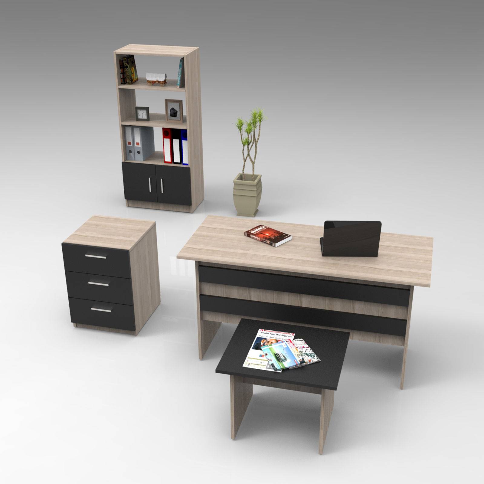 Schreibtisch, Bücherregal, Kommode und Couchtisch Busymo Helle Eiche und Schwarz