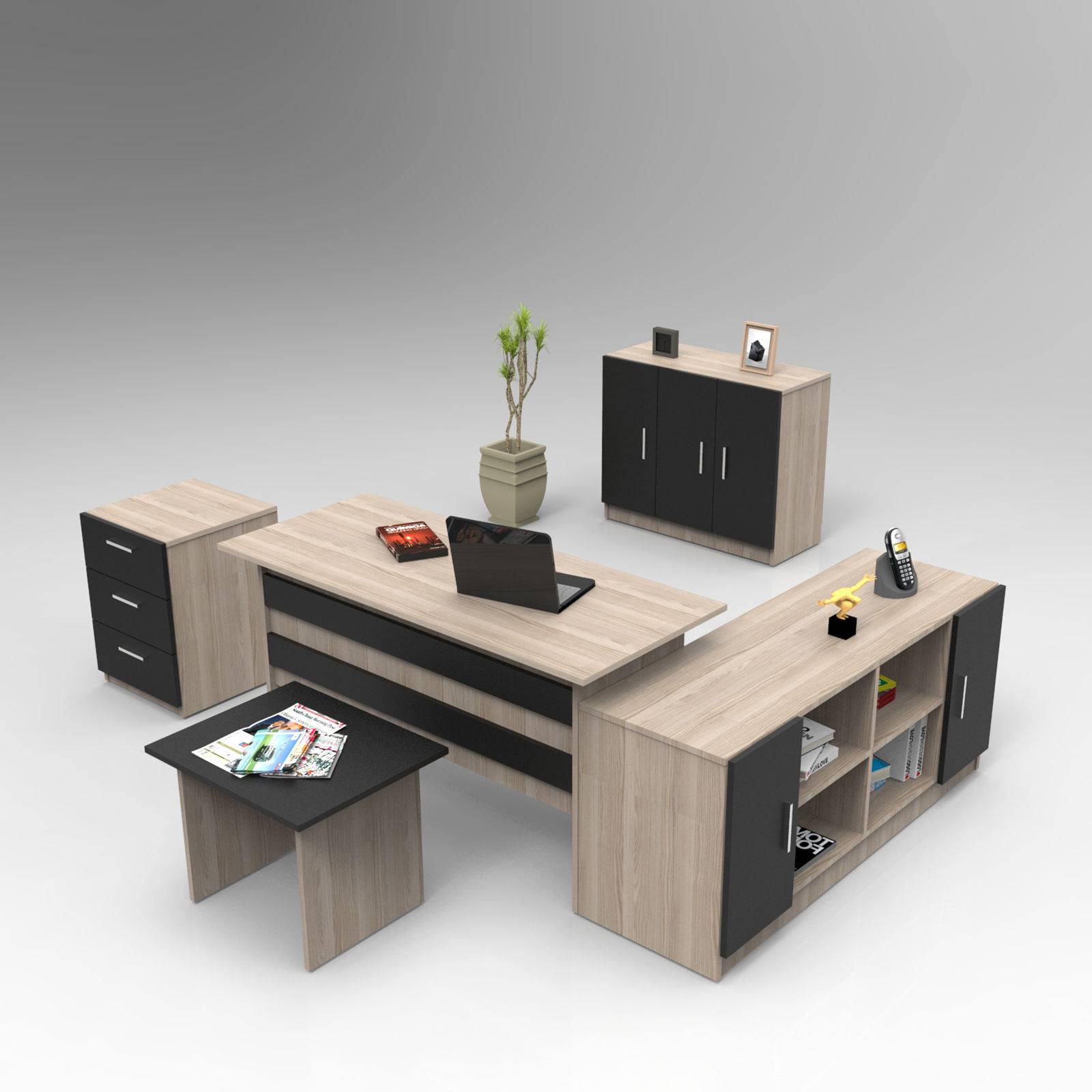 Schreibtisch, Sideboard, Schrank, Kommode und Couchtisch Busymo Helle Eiche und Schwarz