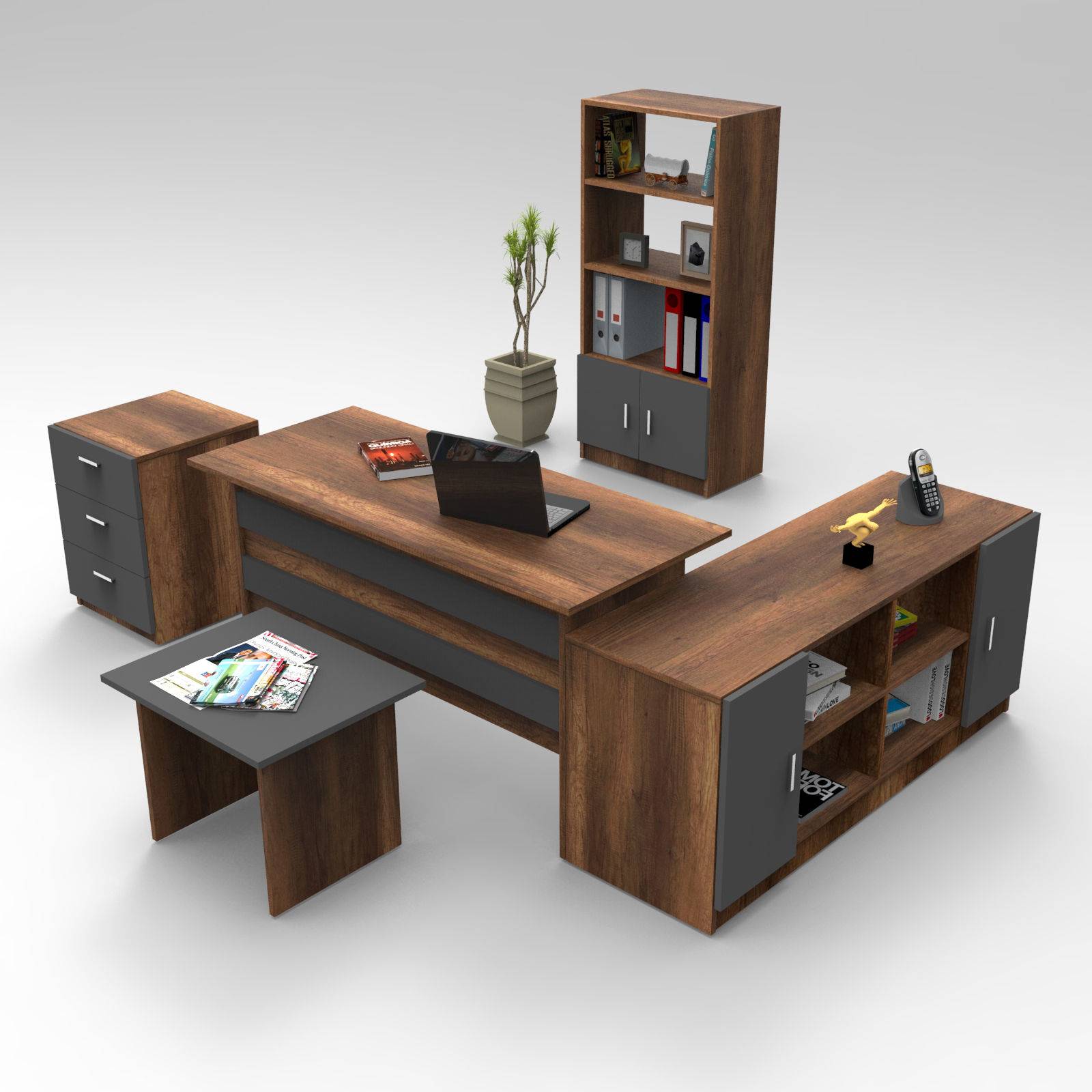 Schreibtisch, Sideboard, Bücherregal, Kommode und Couchtisch Busymo Dunkle Eiche und Grau