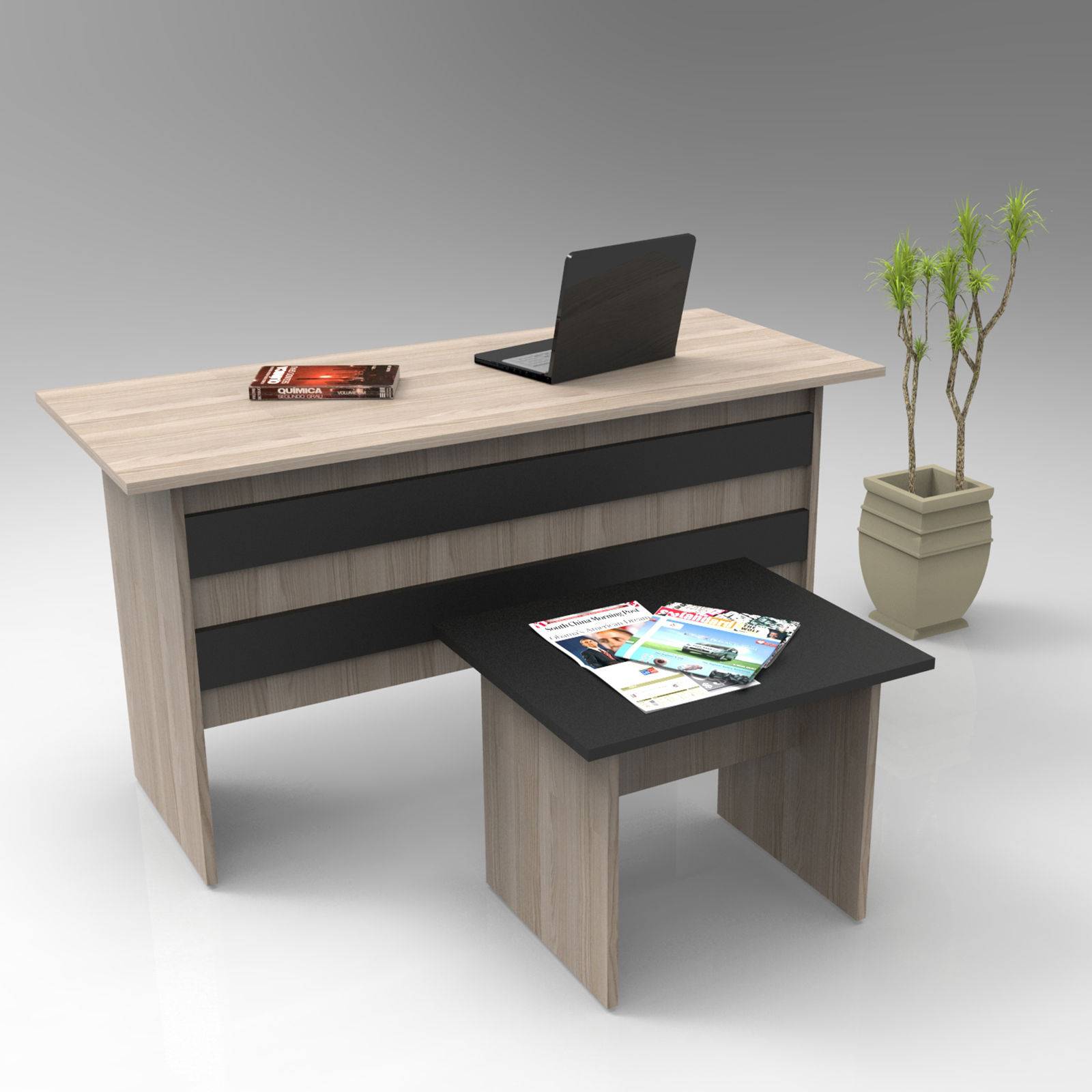 Moderner Schreibtisch mit Busymo Couchtisch in Eiche hell und Schwarz