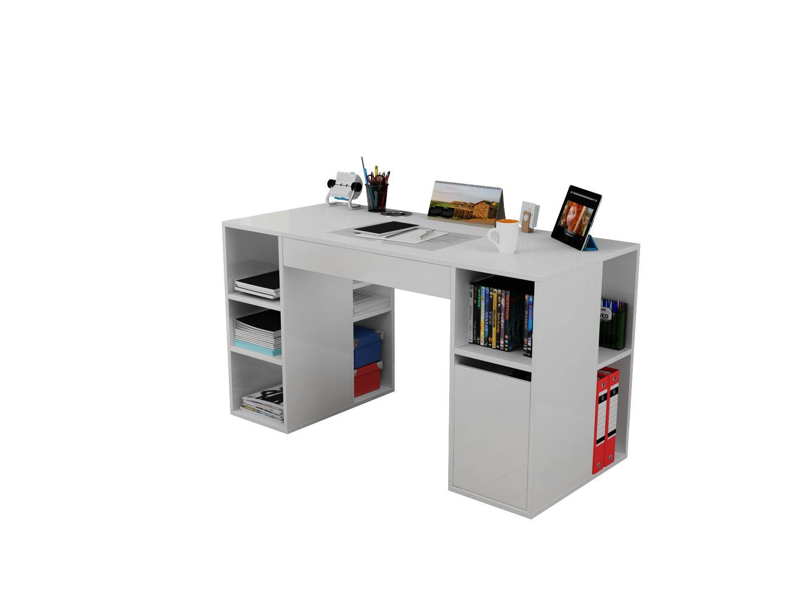 Moderner Schreibtisch mit Schubladen und Regalen Zimuli B145cm Weiß