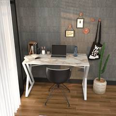 Schreibtisch im Industriestil Powa 120cm Weiß und Weiß Marmoreffekt