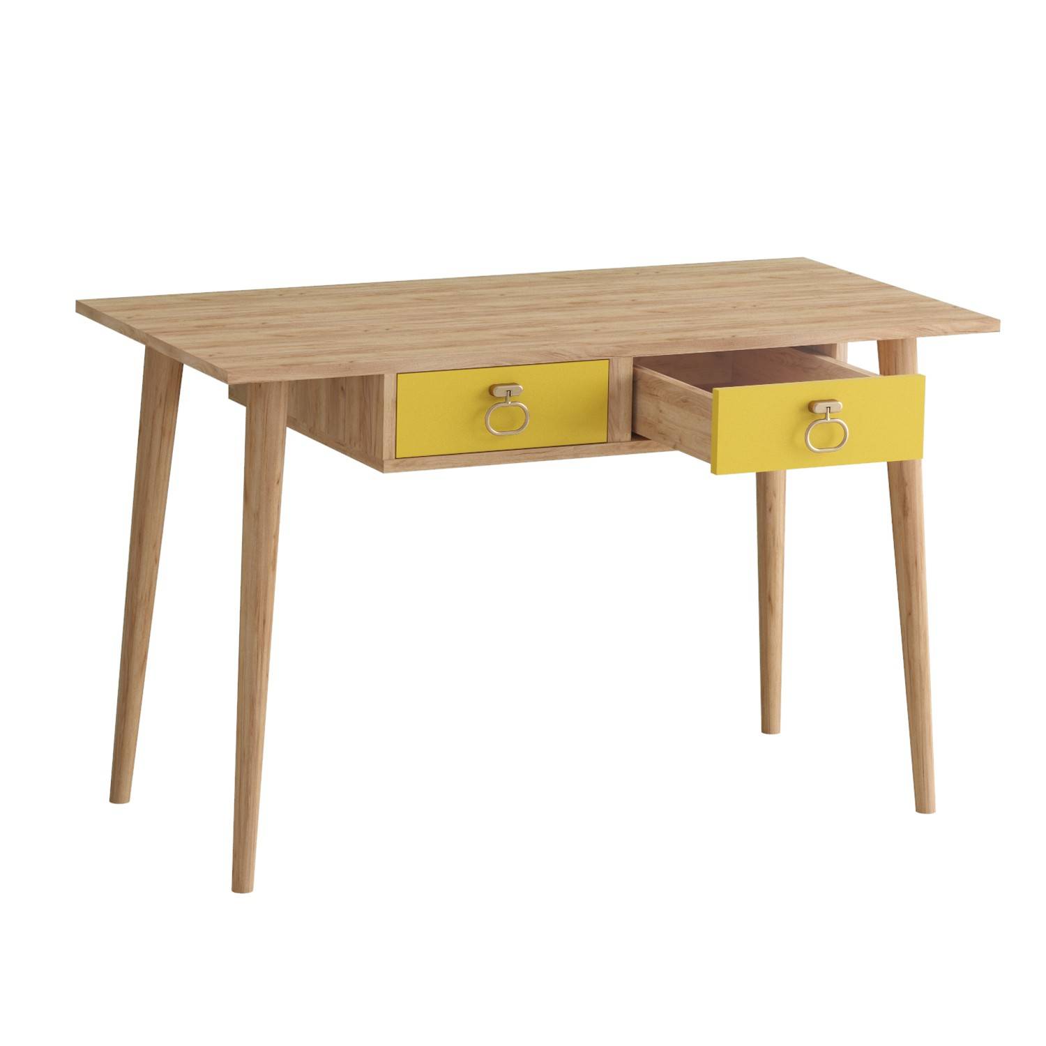 Schreibtisch im skandinavischen Stil mit 2 Schubladen Svala Gelb und Helle Eiche