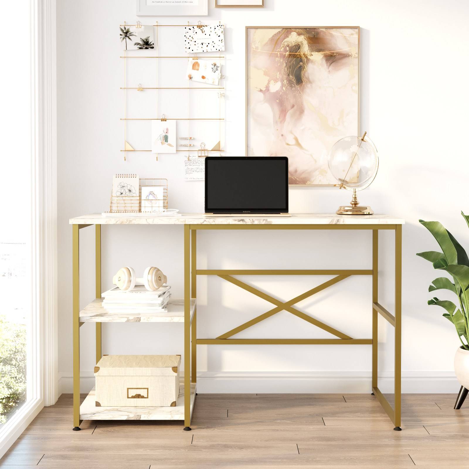Schreibtisch Wiltz Metall Gold und Holz Marmoreffekt Weiß