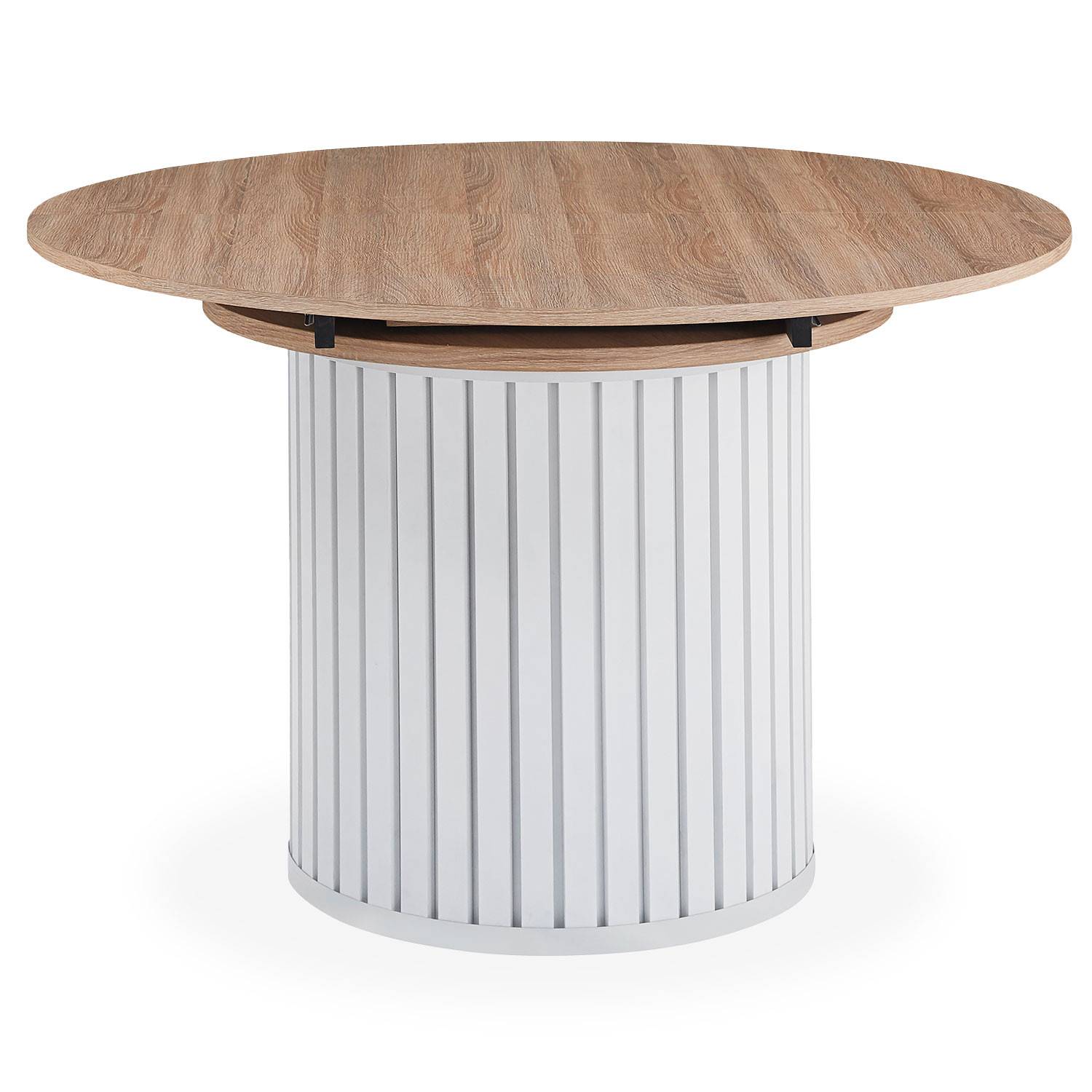 Ausziehbarer runder Tisch mit zentralem Fuß im Stil einer Säule Burkina 120-160cm Sonoma-Holz und Weiß