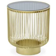 Runder Design-Beistelltisch Dalia aus goldfarbenem Drahtmetall und rauchfarbenem Schwarzglas