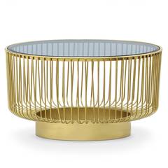 Table basse ronde design Dalia en métal filaire doré et Verre Noir fumé