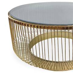 Tavolino rotondo di design Dalia, in metallo con filo d'oro e vetro nero fumé