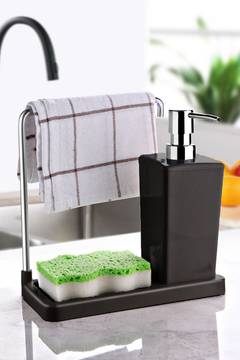Dispensador de jabón y porta esponja Qikal 420ml Negro