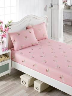 Spannbetttuch Antoinette 100x200cm mit 1 Kissenbezug 50x70cm Blumenmuster mintgrün und rosa