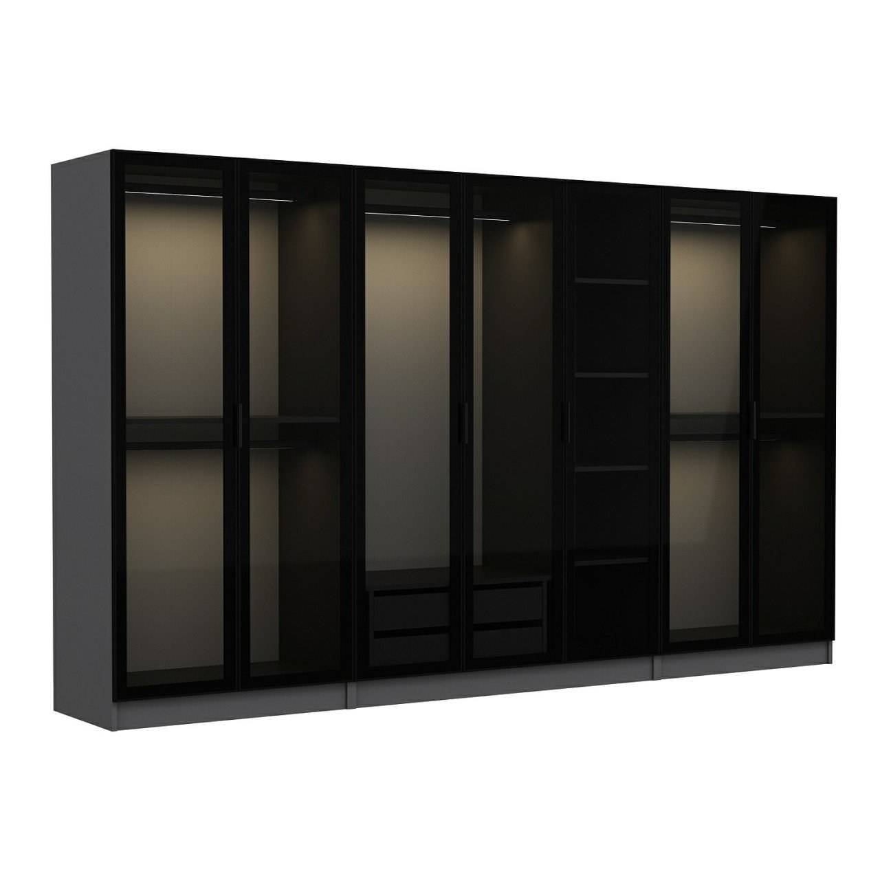 7-deurs kledingkast Rookglas Zwart Antipaxos L315xH190cm 5 rails en 2 lades Antraciet