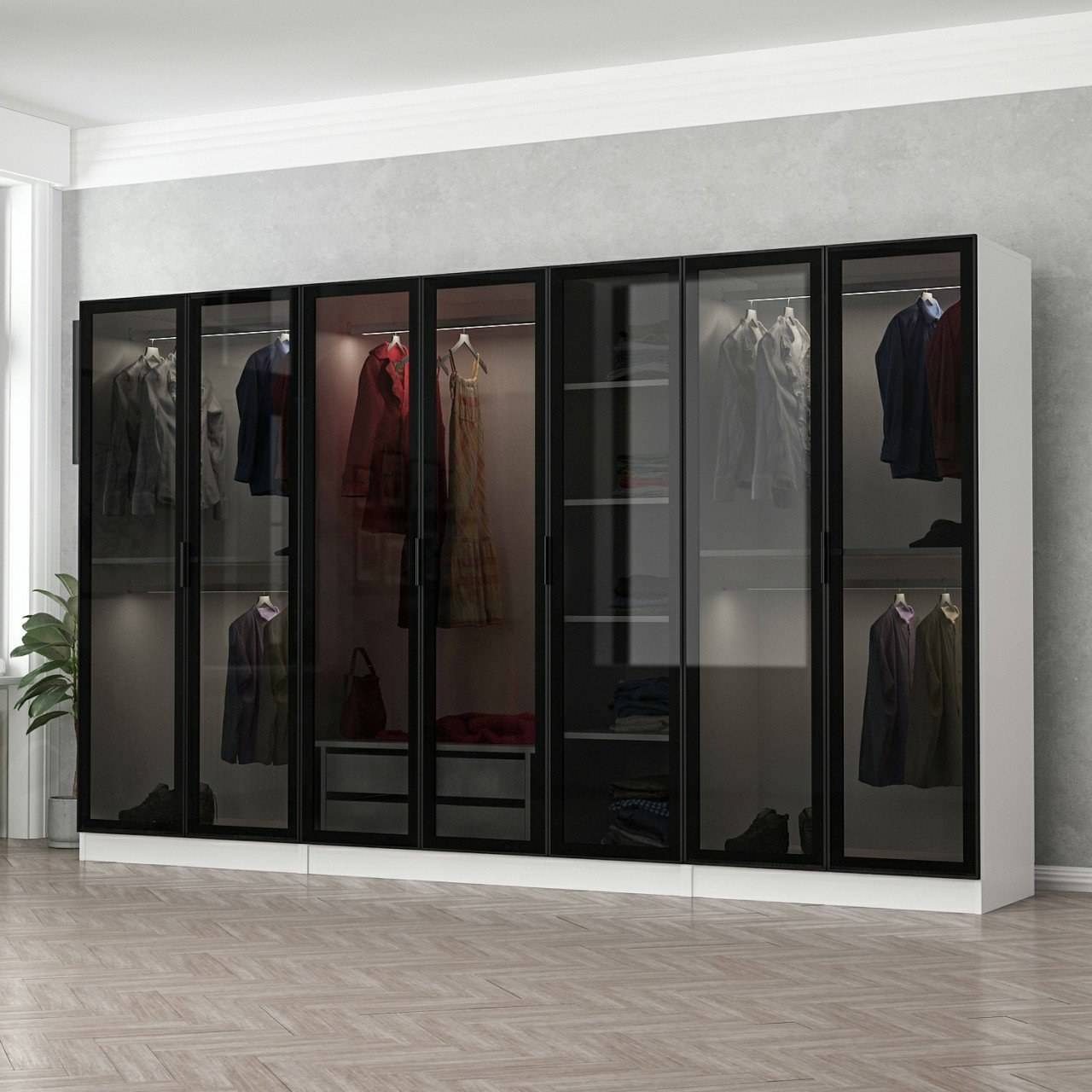 7-deurs kledingkast Rookglas Zwart Antipaxos L315xH190cm 5 rails en 2 lades Antraciet Wit