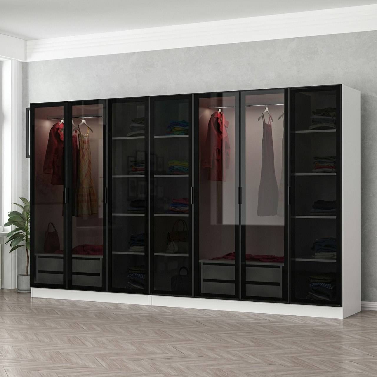 7-deurs kledingkast Rookglas Zwart Antipaxos L315xH190cm 2 rails en 4 laden Wit
