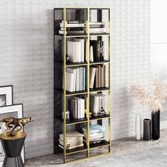 Set van 2 Luxoria boekenkasten H178,5cm Zwart marmer effect hout en goud metaal