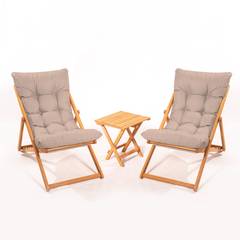 Lote de 2 sillas de jardín y 1 mesa de centro Purrault Madera maciza clara y tela marrón claro
