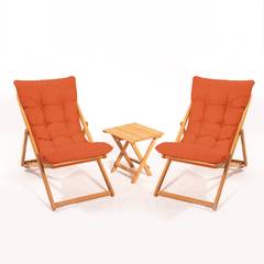 Lote de 2 sillas de jardín y 1 mesa de centro Purrault Madera maciza clara y tela naranja