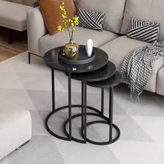 Set di 3 tavolini da caffè rotondi Guiril in metallo nero e legno effetto marmo nero