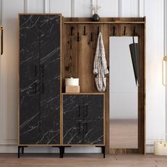 Conjunto de armario Shera con espejo y perchero en madera de roble oscuro y efecto mármol negro