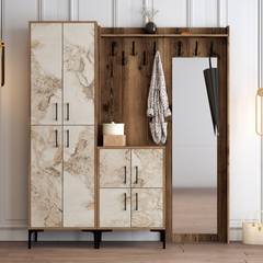 Mueble de almacenaje con espejo y perchero Shera en madera efecto mármol roble oscuro y crema