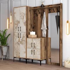 Mueble de almacenaje con espejo y perchero Shera en madera efecto mármol roble oscuro y crema