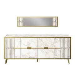 Sideboard-Set 4 Türen 120 cm und 1 Spiegel Wilma Gold Metal und White Wood Marmoreffekt und Gold Geometric Pattern