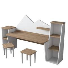 Schreibtischset, 2 Bücherregale und Stuhl Loretta Weiß und helles Holz