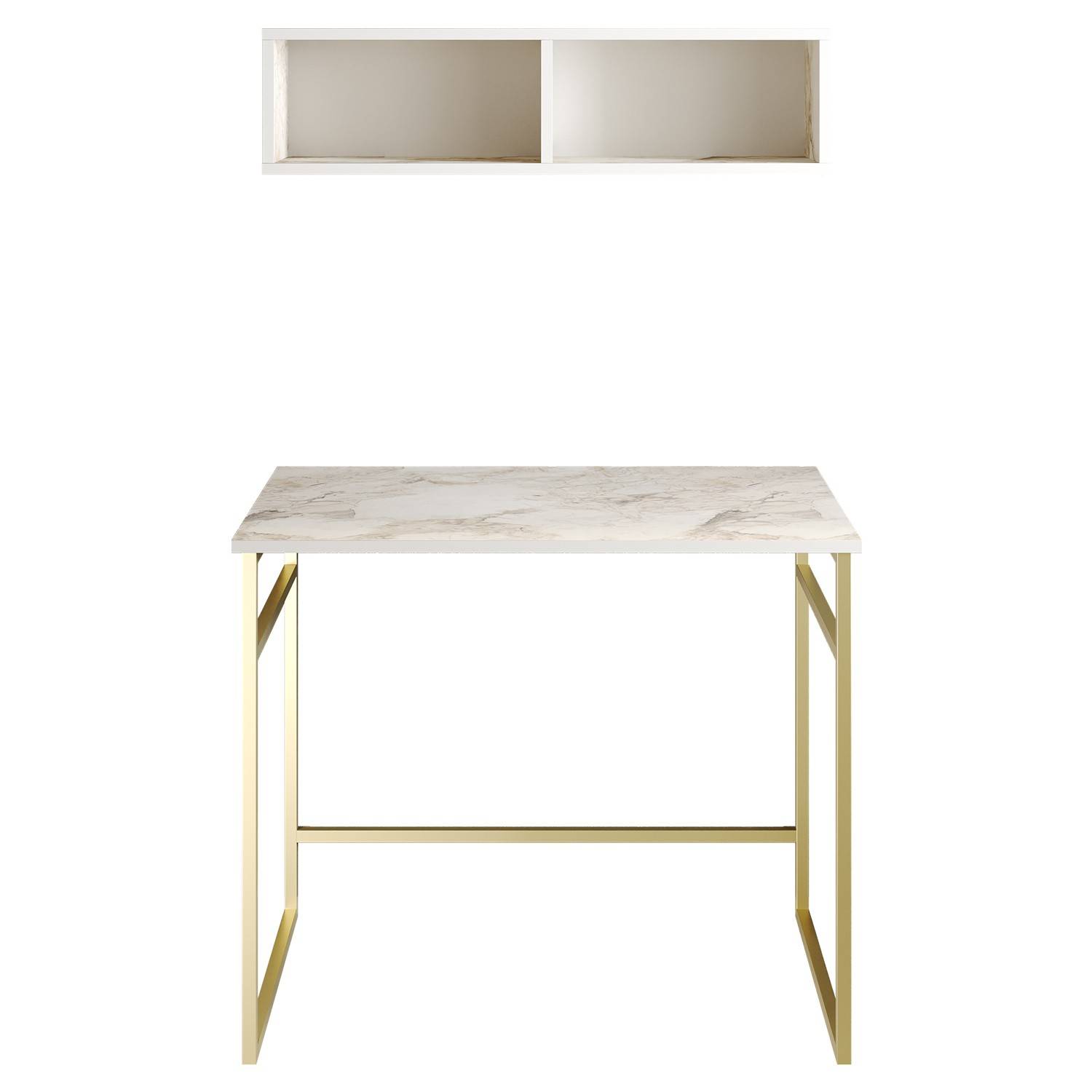 Set di scrivania e mensola da 90 cm Loko Wood White marble effect e Metal Gold