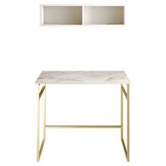 90 cm Schreibtischset und Loko-Regal Weißes Holz mit Marmoreffekt und Goldmetall