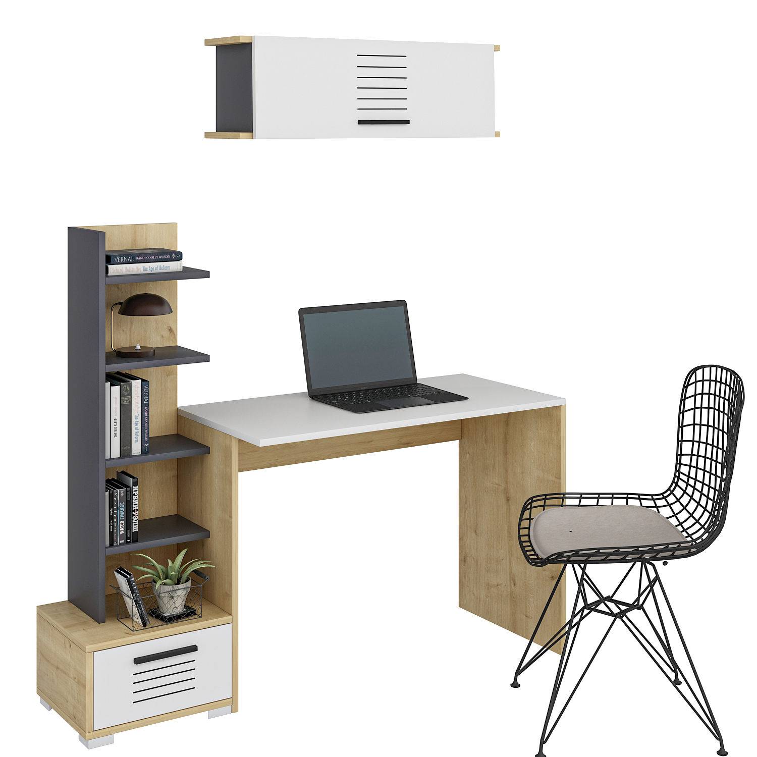 Schreibtisch, Bücherregal und Regal Doller Anthrazit, Weiß und Helles Holz