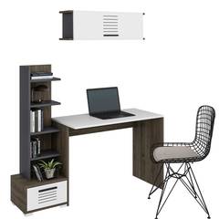 Schreibtisch, Bücherregal und Regal Doller Anthrazit, Weiß und dunkles Holz