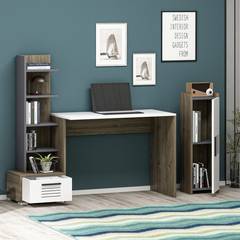 Schreibtisch, Bücherregal und Regal Doller Anthrazit, Weiß und dunkles Holz