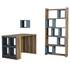 Officila hout en blauw bureau, boekenkast en planken set