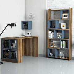 Officila hout en blauw bureau, boekenkast en planken set