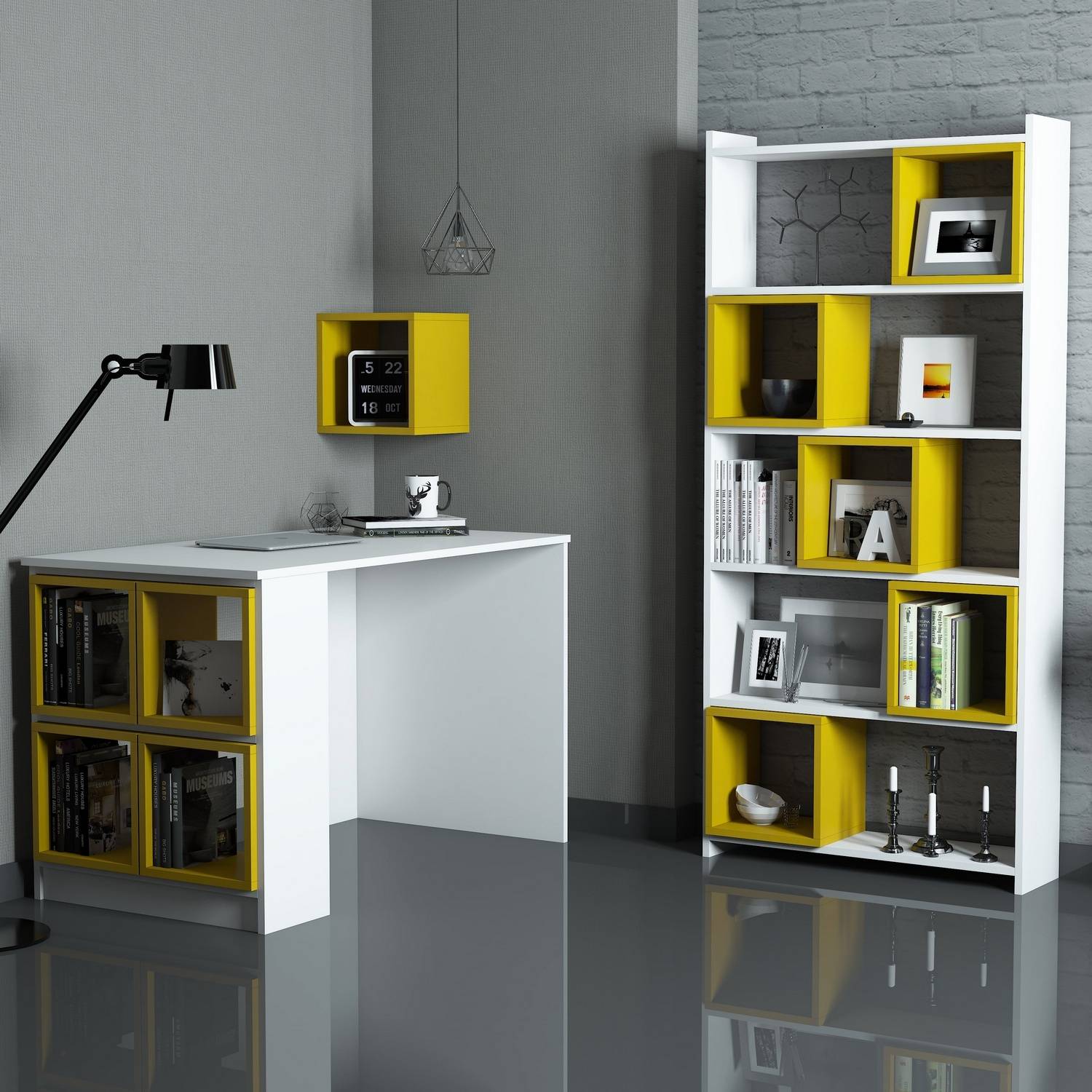 Büro- und Büchertisch Officium 100% Melamin Weiß Imperial Yellow