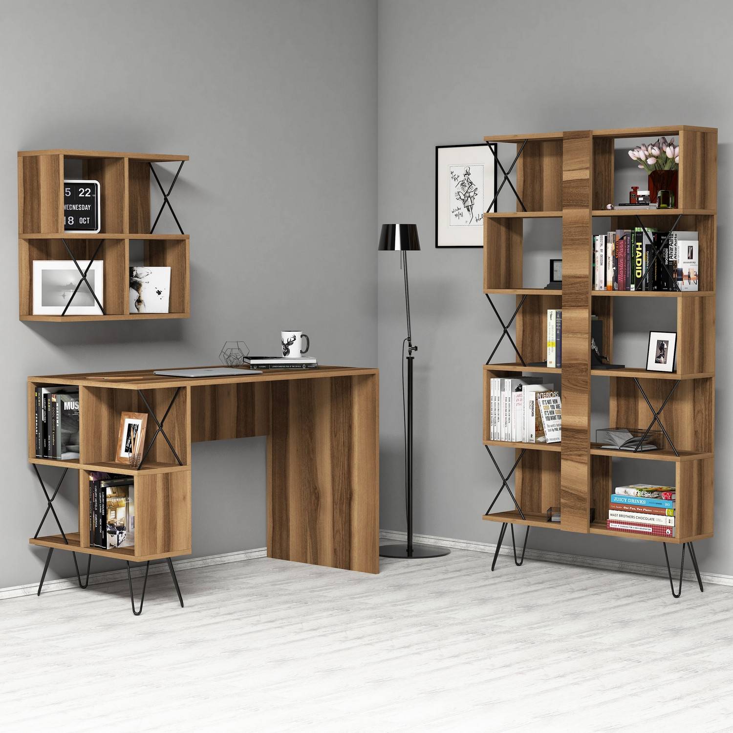Schreibtisch-Set mit Bücherregal und Regal im Industriestil Officima Dunkles Holz