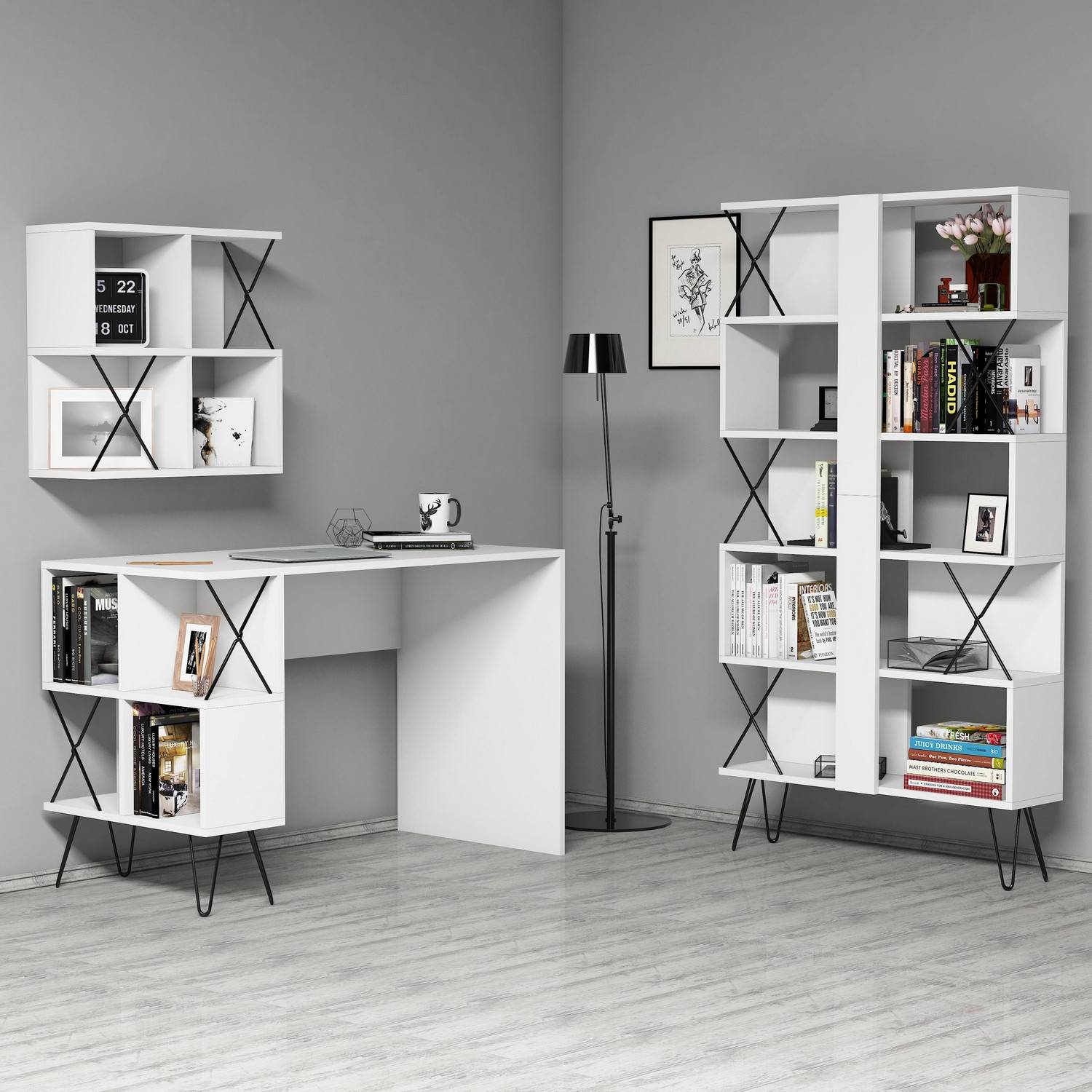 Schreibtisch-Set mit Bücherregal und Regal im Industriestil Officima Holz Weiß