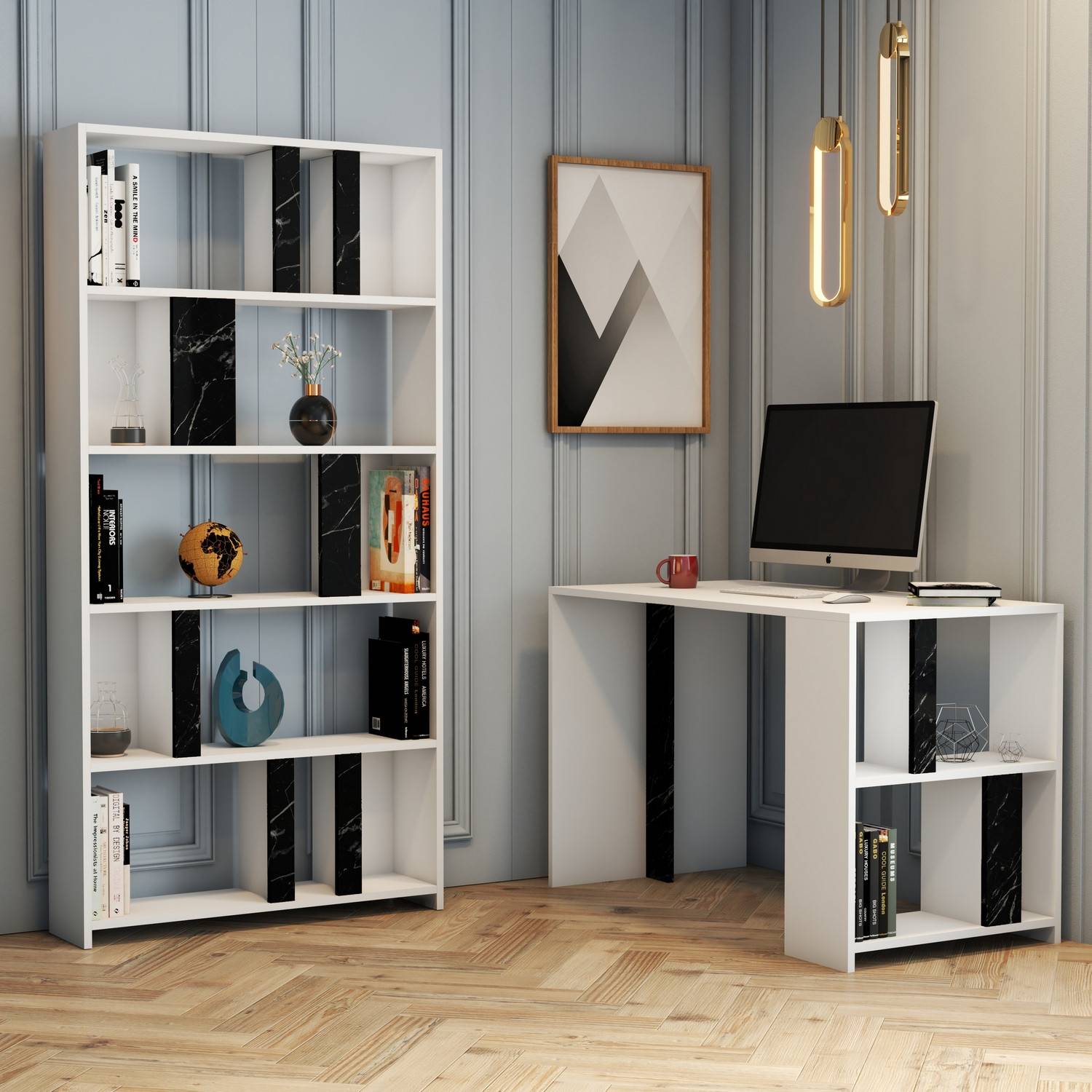 Büro- und Bücherregal-Set Officium Wood Weißer und schwarzer Marmoreffekt