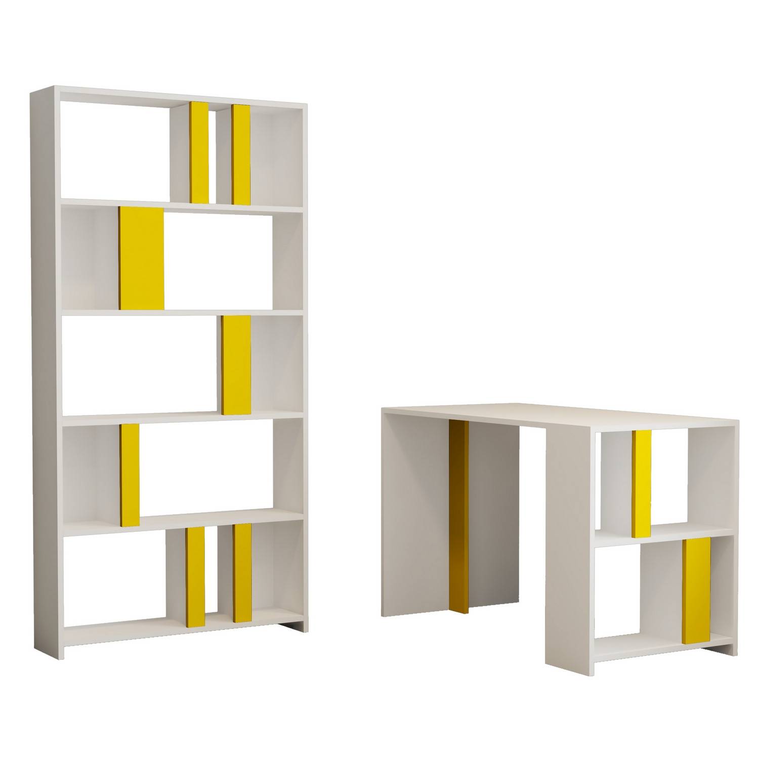 Schreibtisch und Bücherregal aus weißem und gelbem Officium-Holz