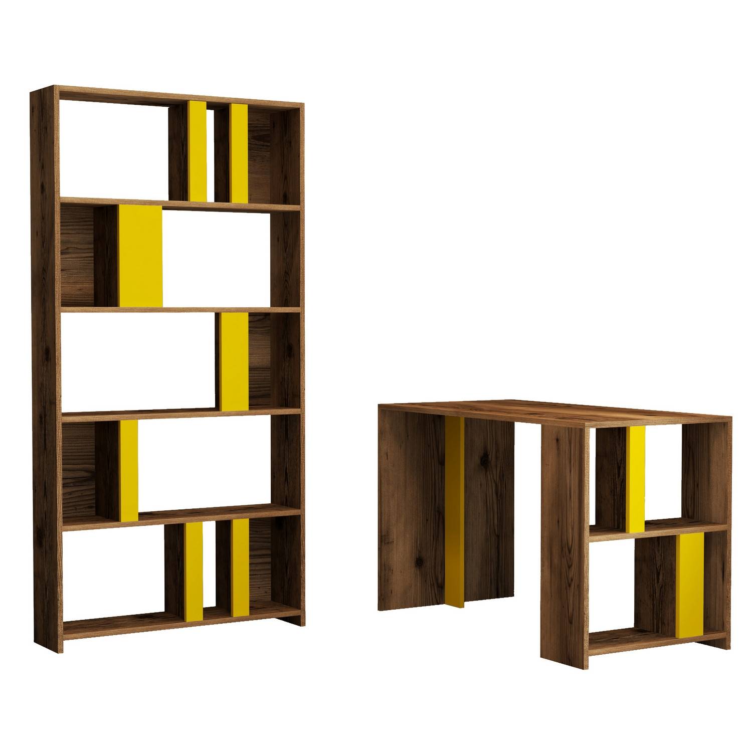 Büro- und Bücherregal-Set Officium Naturholz und Gelb