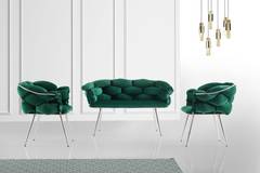 Set di divano a 2 posti e 2 poltrone Krogh in metallo cromato e velluto verde