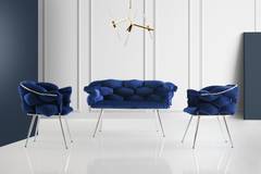 Conjunto de sofá de 2 plazas y 2 sillones Krogh de metal cromado y terciopelo azul marino